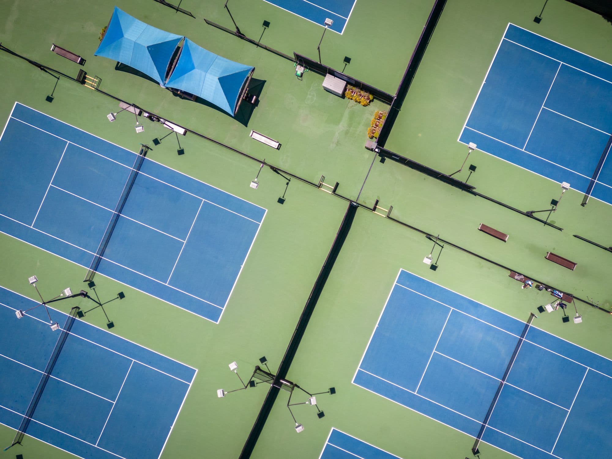 Aerial view of new courts with shade sails